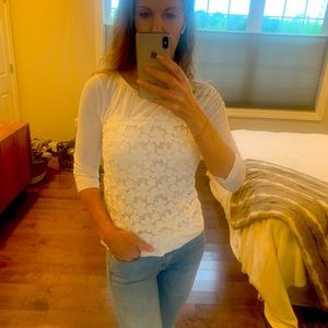 J Crew floral lace front 3/4 sleeve white cotton top.